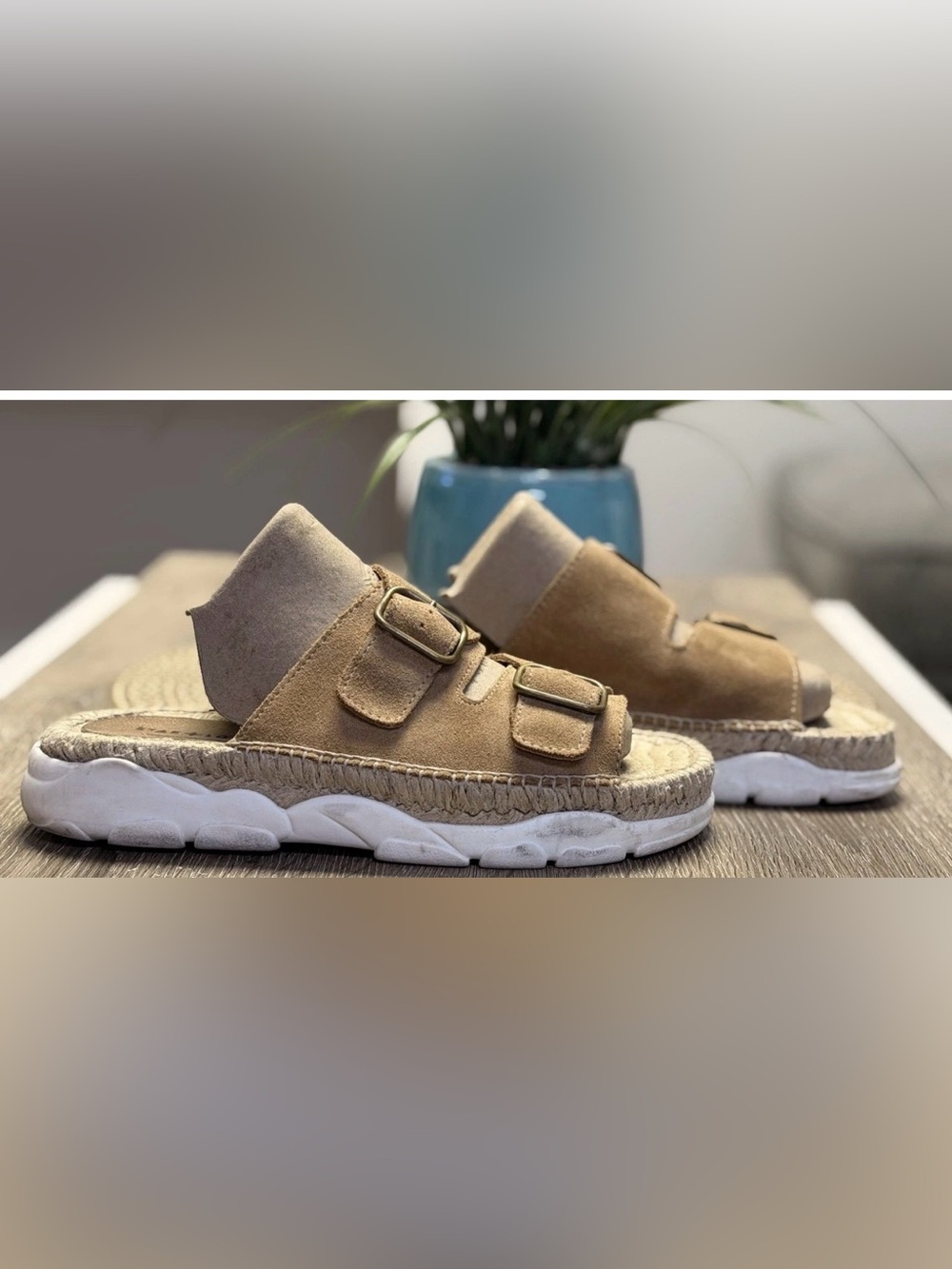 Star Love Spain Suede Espadrille Slide Sandals Double Buckle Flatform Tan 40(9)